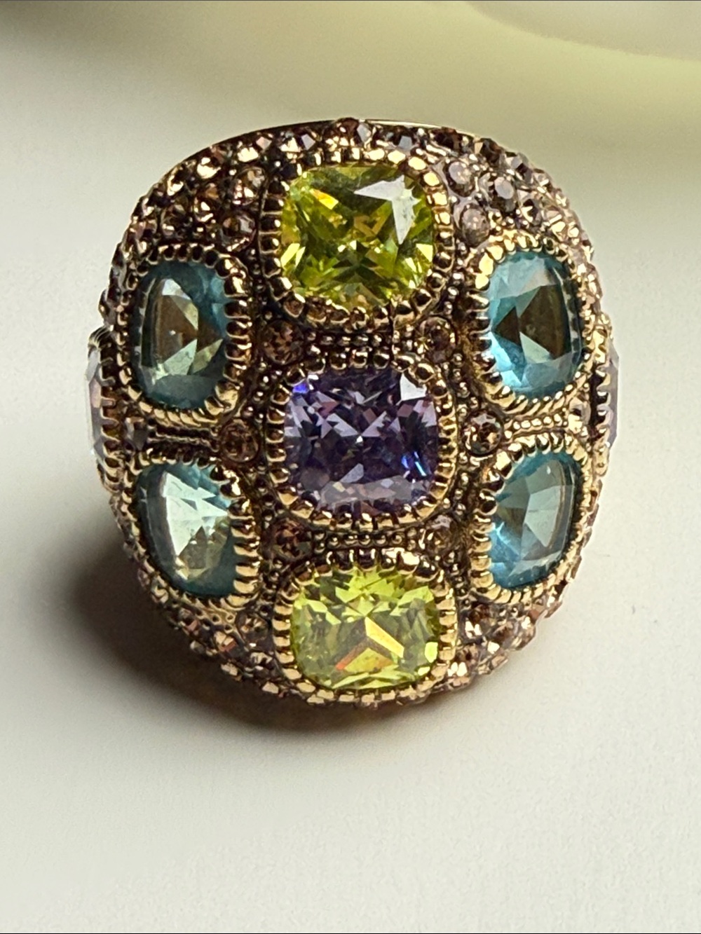 Huge Multicolor Crystal Statement Dome Ring - Gold Tone unsigned Heidi Daus